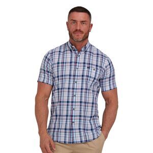Raging Bull Mens Large Check Linen-Look Short-Sleeved Shirt / Navy